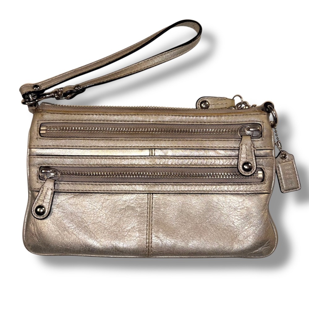Coach Metallic Silver Leather Wristlet Clutch Bag With Multiple Zippers